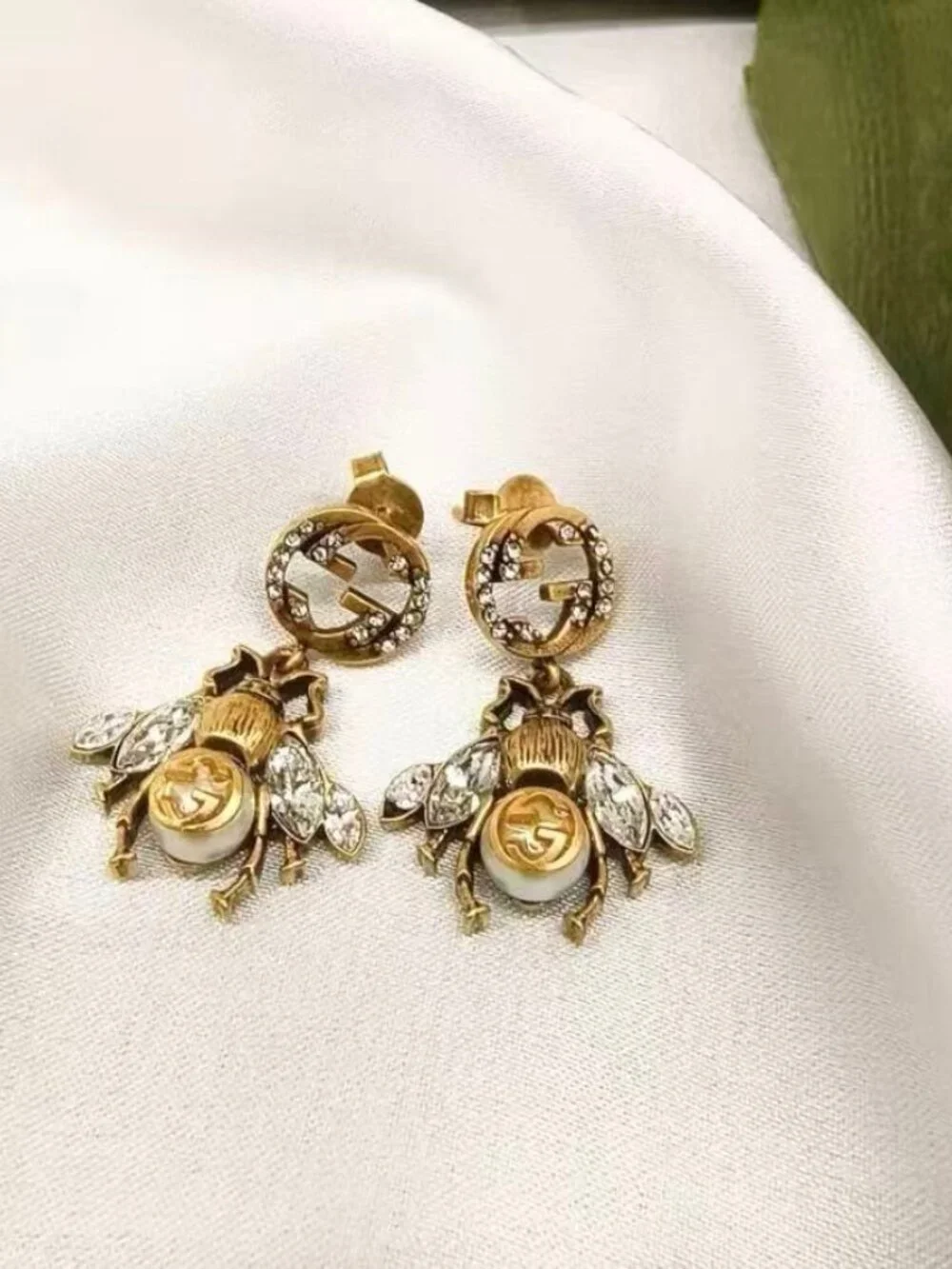 Gucci Vintage Bee Interlocking GG Crystal Drop Earrings